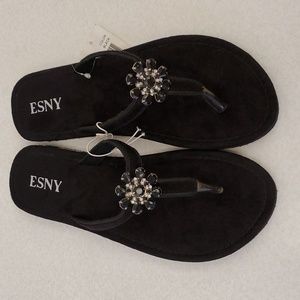 ESNY Black Thong Sandals with Flower Rhinestone Bead Accent, 9M